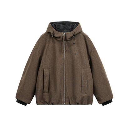 Men's Loose-Fitting Padded Wool Blend Hooded Jacket with Zip and Drawstring EVA-US