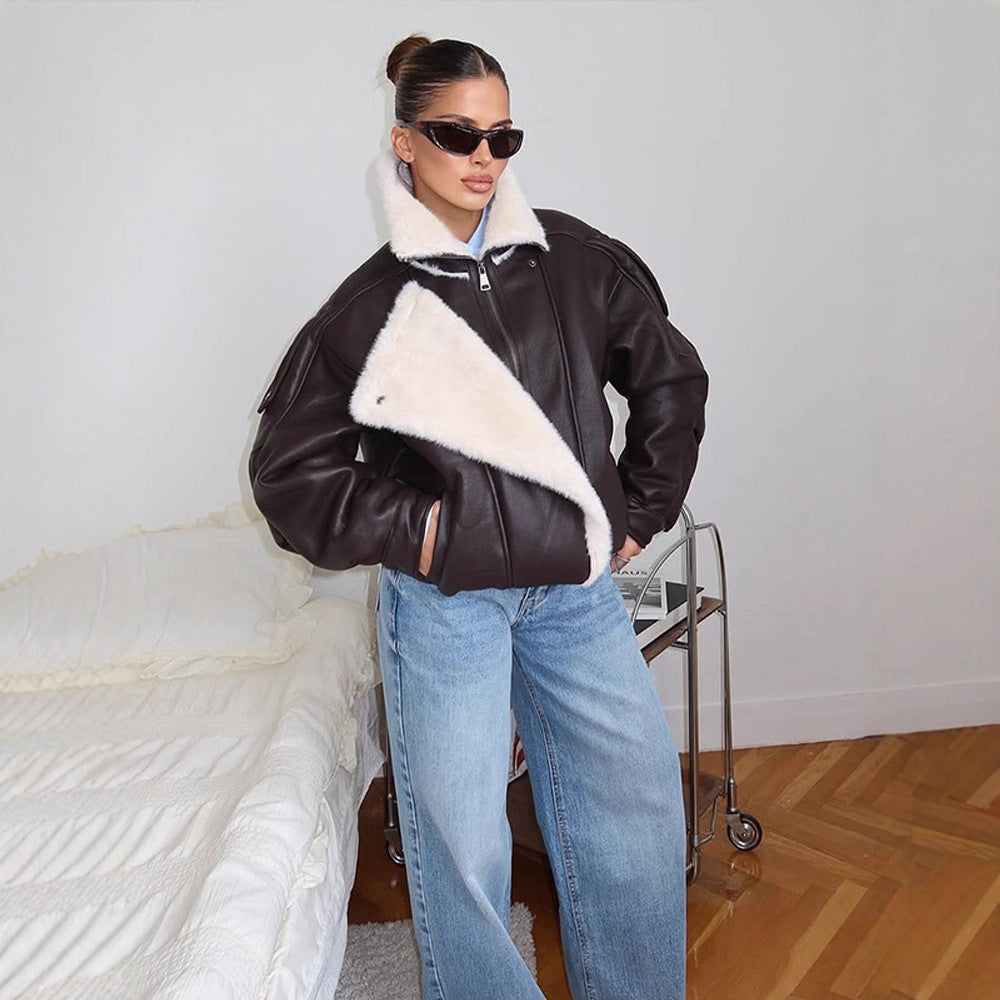 Women's Oversized Pilot Jacket made of Faux Leather with Asymmetrical Faux Fur Trim EVA-US