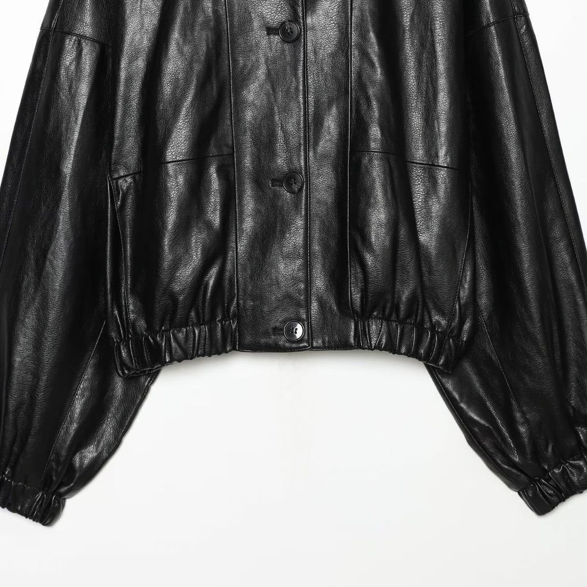 Women's Short Faux Leather Bomber Jacket with High Funnel Collar and Elastic Hem EVA-US