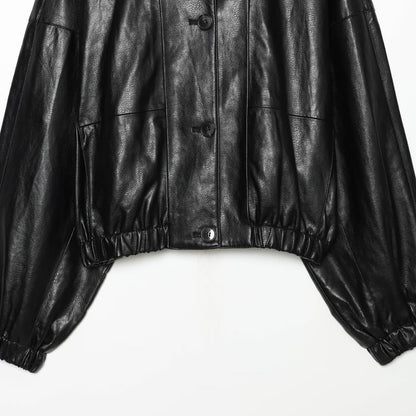 Women's Short Faux Leather Bomber Jacket with High Funnel Collar and Elastic Hem EVA-US