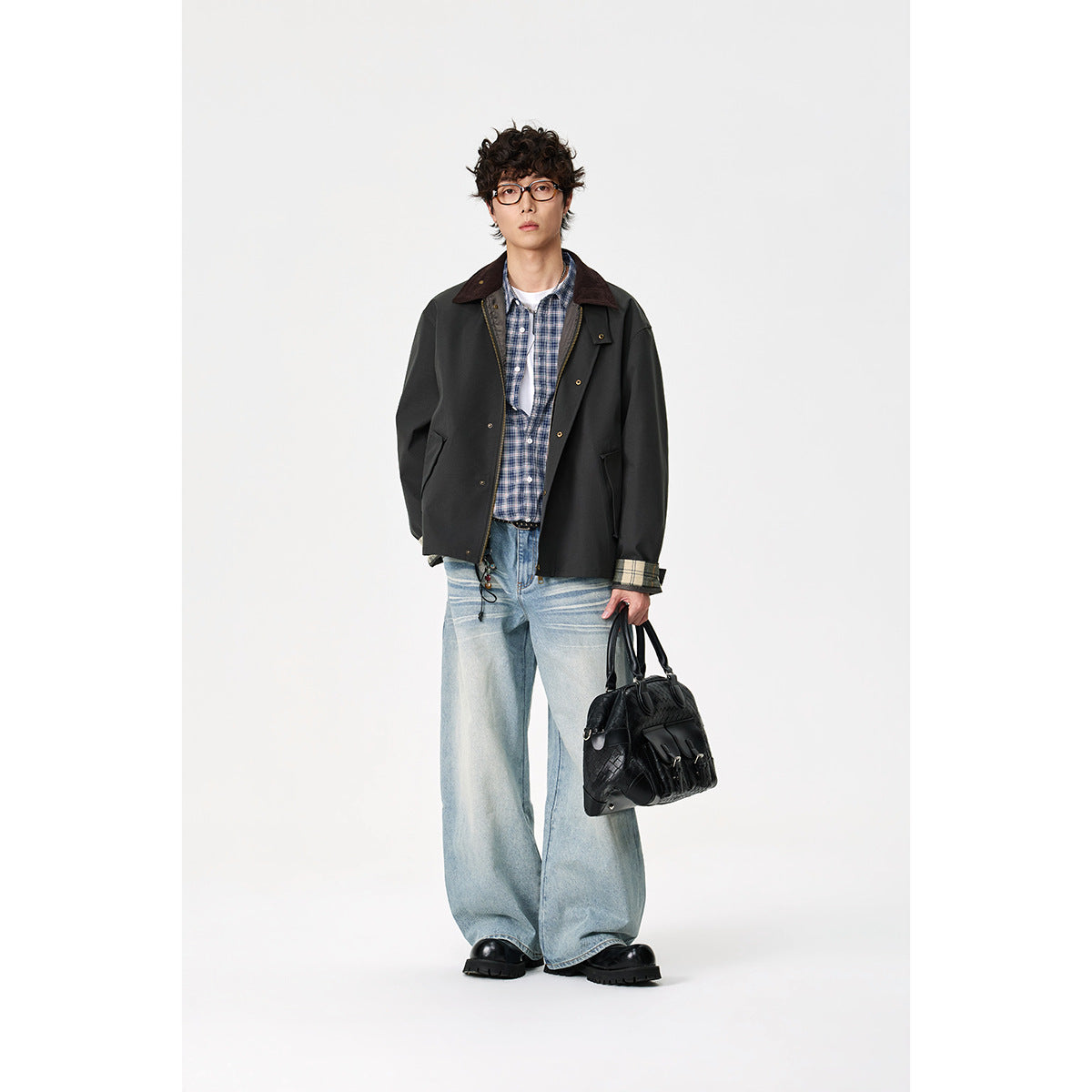 Men's Short-Cut Canvas Field Jacket with Cord Collar and Concealed Snap Placket EVA-US