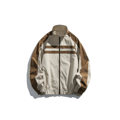 Unisex Sporty Track Jacket in Retro Windbreaker Design with Stand-up Collar and Contrast Stripes EVA-US