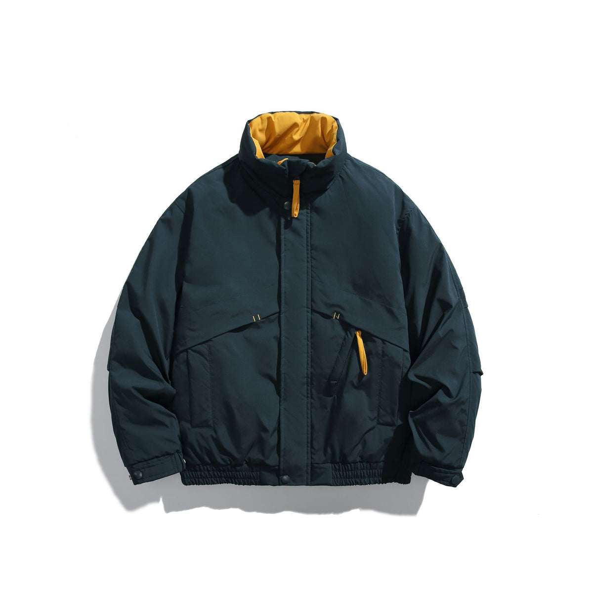 Unisex Short Cut Padded Boxy Bomber Jacket with High Stand-up Collar and Diagonal Flap Pockets EVA-US