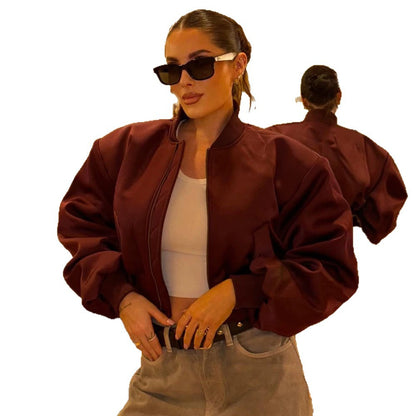 Ladies Short Satin Bomber with Boxy Silhouette, Flap Pockets and Elastic Cuff EVA-US