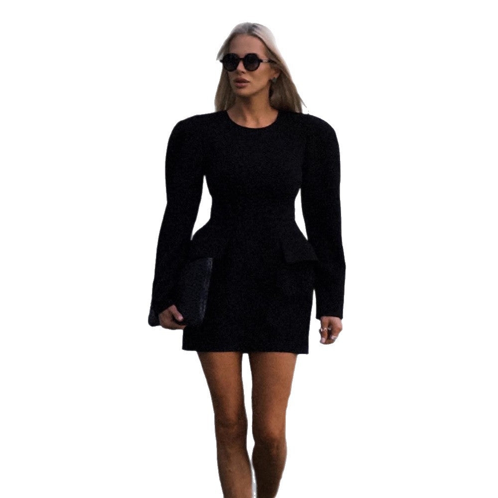 Women Tailored Minidress with Structured Shoulders, Long Sleeves and Suggested Peplum EVA-US