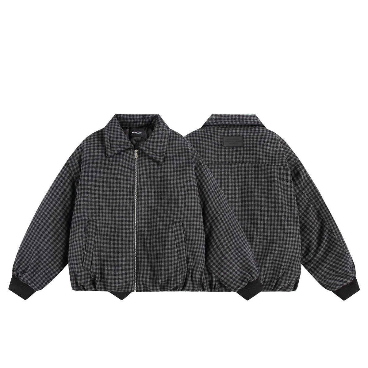 Unisex Boxy-Check Quilted Jacket with Zipper and Elastic Hem EVA-US