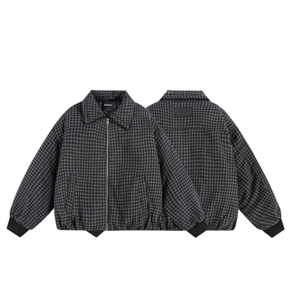 Unisex Boxy-Check Quilted Jacket with Zipper and Elastic Hem EVA-US
