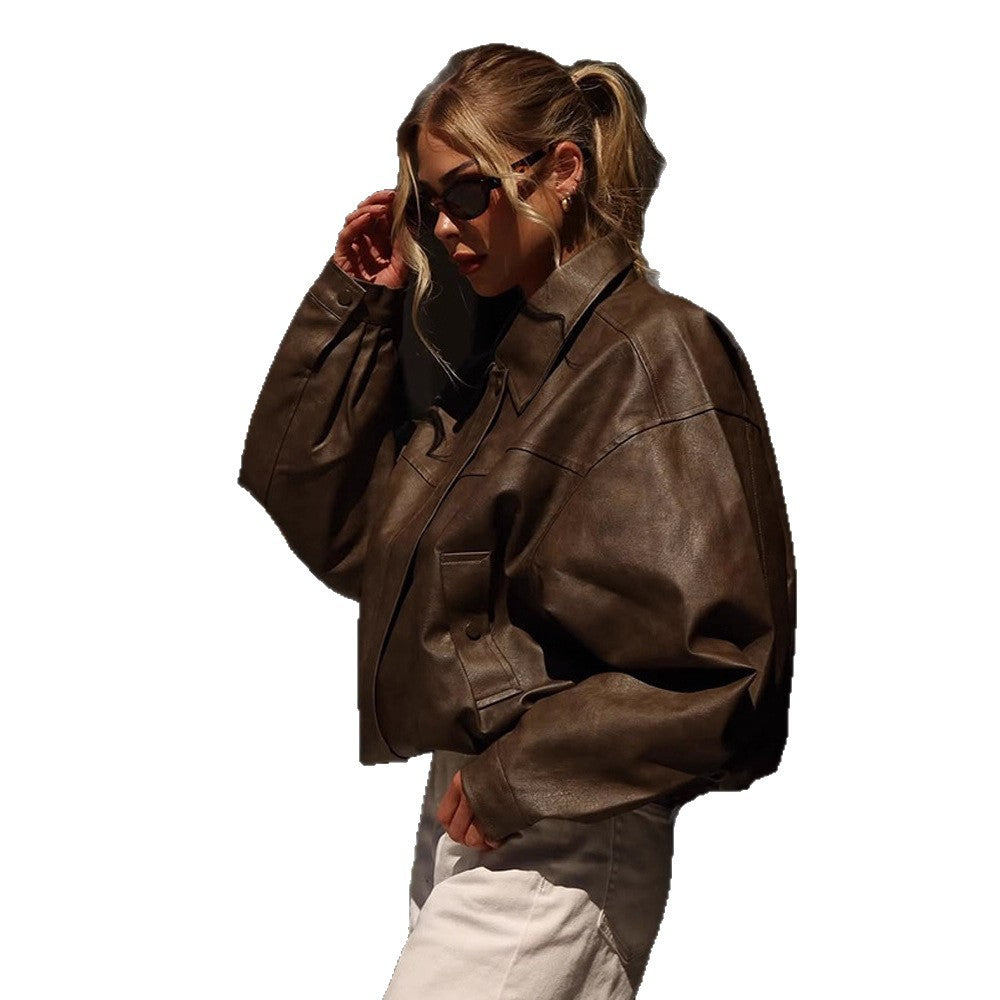 Women Boxy Cropped Faux Leather Blouson with Oversized Shoulder EVA-US