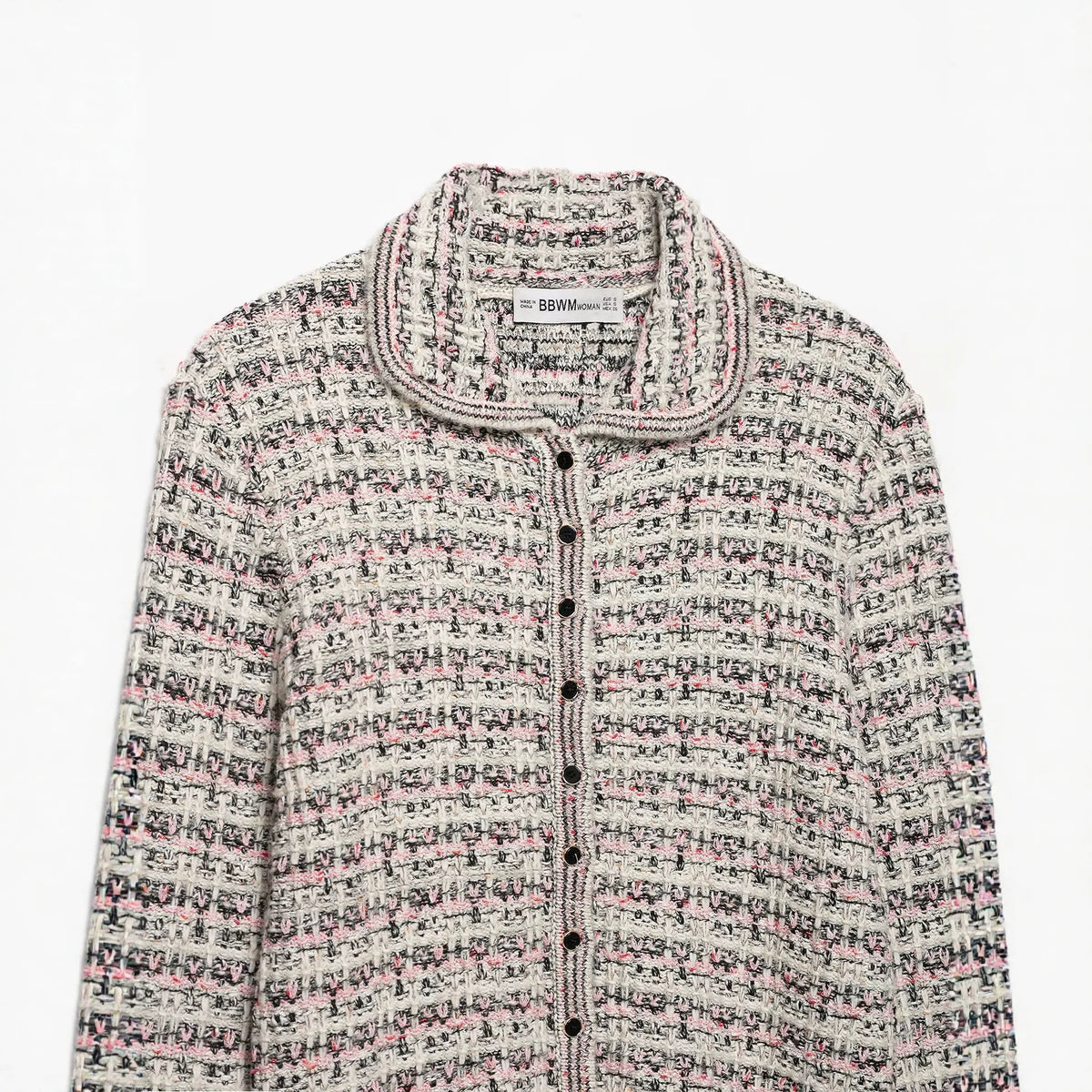 Women's tweed cardigan with round collar, continuous button placket and fringe trim EVA-US