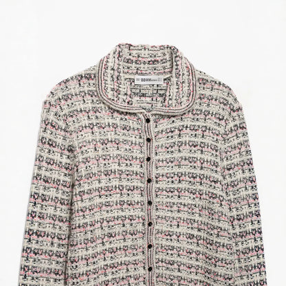 Women's tweed cardigan with round collar, continuous button placket and fringe trim EVA-US