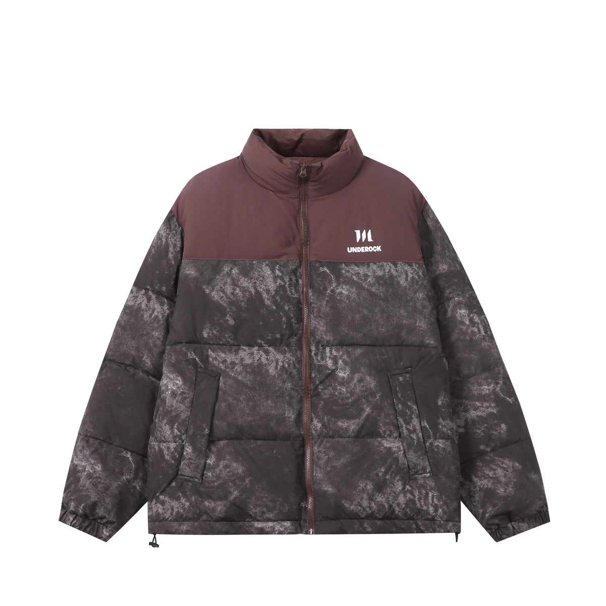 Unisex Padded Boxy Insulated Jacket with Marble Effect and High Stand-Up Collar EVA-US