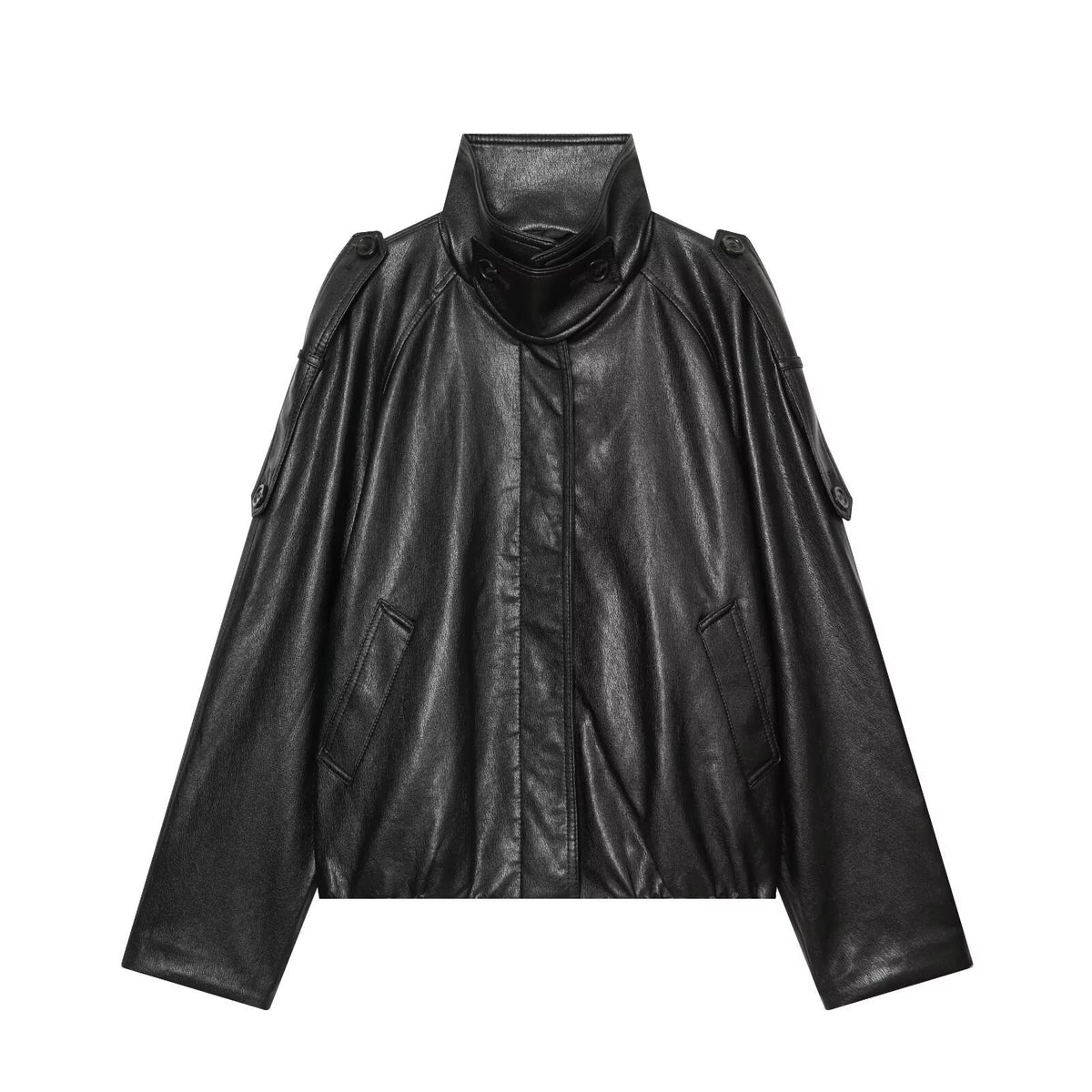 Women's short-cut leather look blouson jacket with high funnel collar, shoulder tabs and integrated patch pockets EVA-US