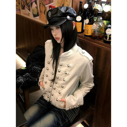 Women Short Military Inspired Jacket with Double Decorative Button Placket and Cuffs EVA-US
