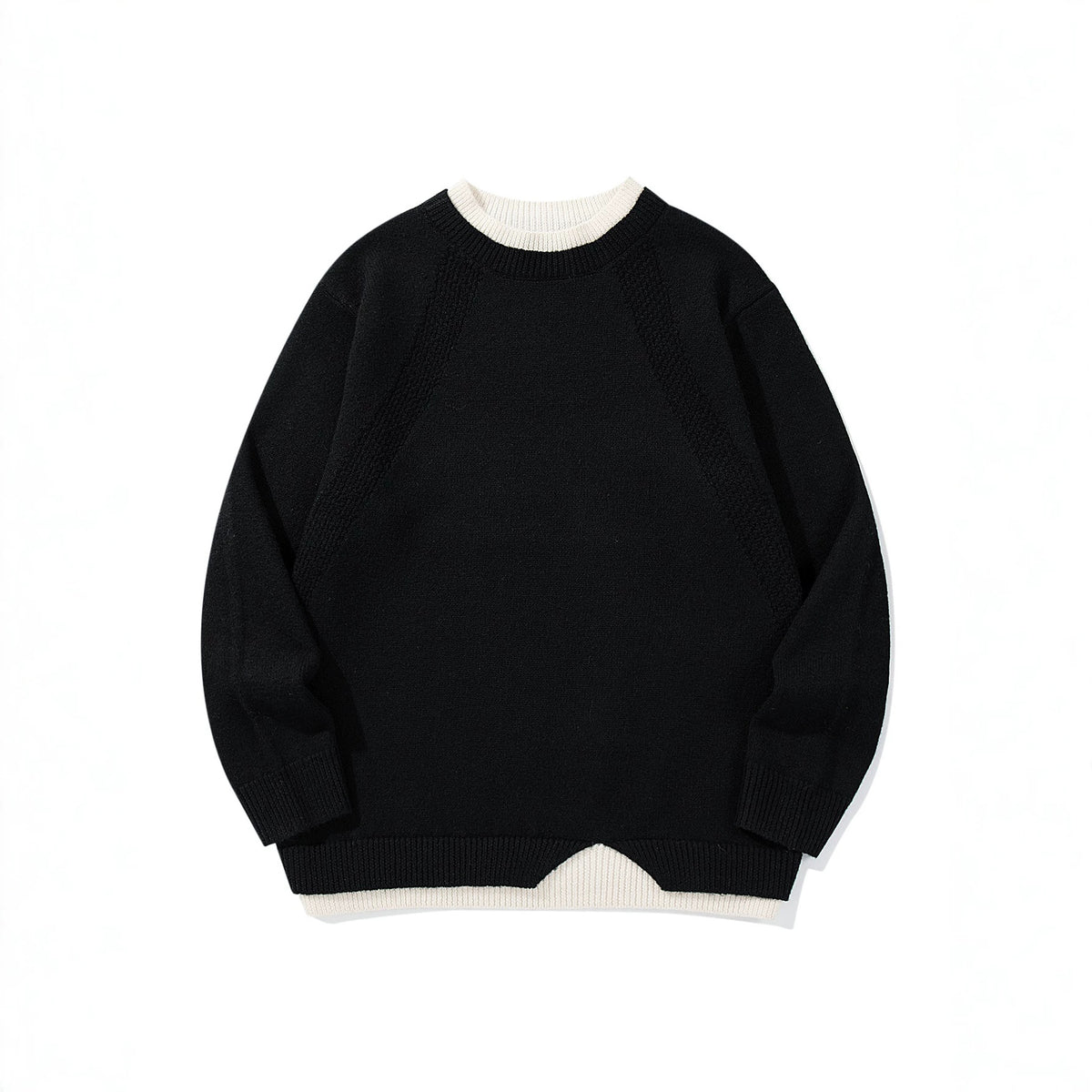 Women's Structured Rib and Waffle Knit Round Neck Sweater with Layered Hem EVA-US