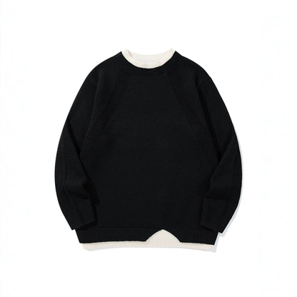 Women's Structured Rib and Waffle Knit Round Neck Sweater with Layered Hem EVA-US