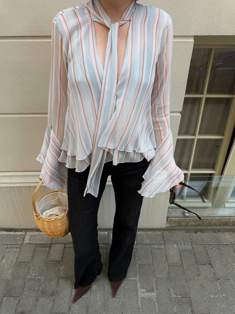 Women's Striped Chiffon Blouse with Tie Bow, Ruffle Hem & Bell Sleeves EVA-US
