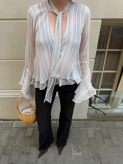 Women's Striped Chiffon Blouse with Tie Bow, Ruffle Hem & Bell Sleeves EVA-US