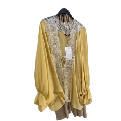 Women's blouse jacket with lace insert, deep V and balloon sleeves EVA-US