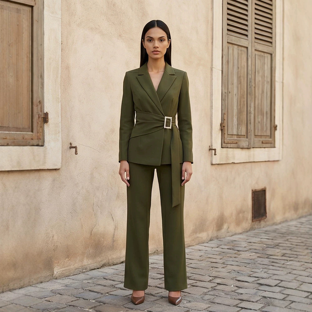 Ladies fitted wrap blazer with pearl belt buckle and slim suit trousers EVA-US