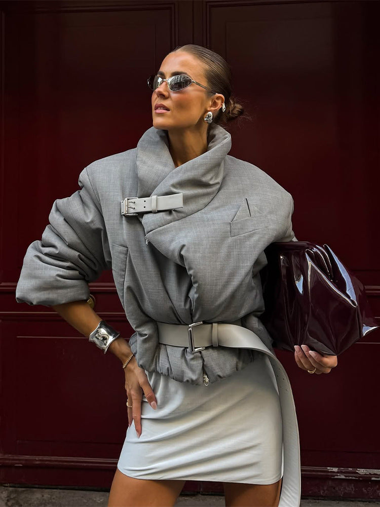 Women quilted oversized blazer with high shawl collar and waist belt EVA-US