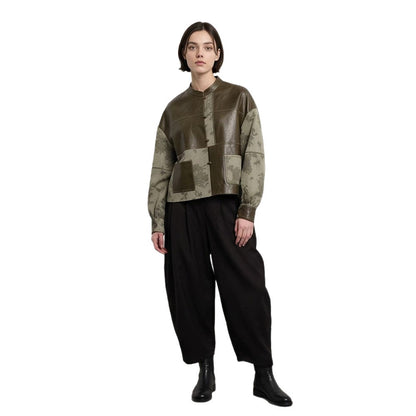 Women's short jacket in leather look and jacquard with stand-up collar EVA-US