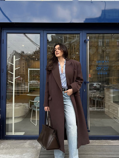 Women's long coat with straight cut, figure-flattering oversized lapels and side pockets EVA-US