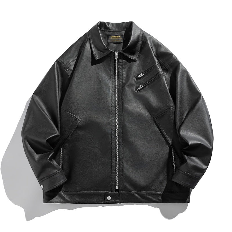 Men's short-cut boxy faux leather jacket with high collar and zipper chest pockets EVA-US