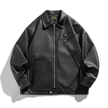 Men's short-cut boxy faux leather jacket with high collar and zipper chest pockets EVA-US