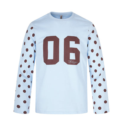 Women Long Sleeve Statement Shirt with Polka Dot Sleeves and Number Print EVA-US