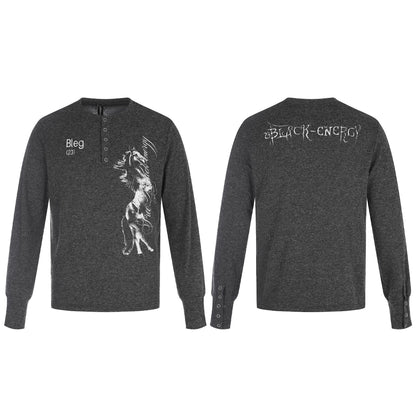 Men Printed Long Sleeve Henley Shirt made of soft jersey with snap button placket EVA-US