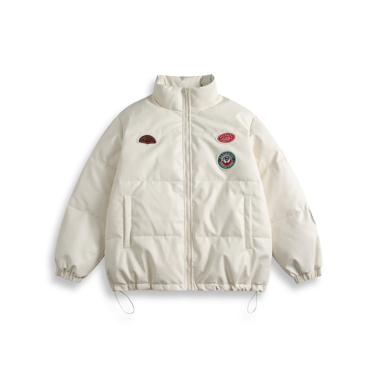Unisex Short Cut Padded Faux Leather Puffer with High Standing Collar and Badge Details EVA-US