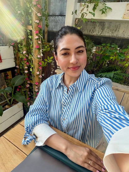Women Striped Oversize Shirt Blouse with Contrasting Cuffs & Knot Ends EVA-US
