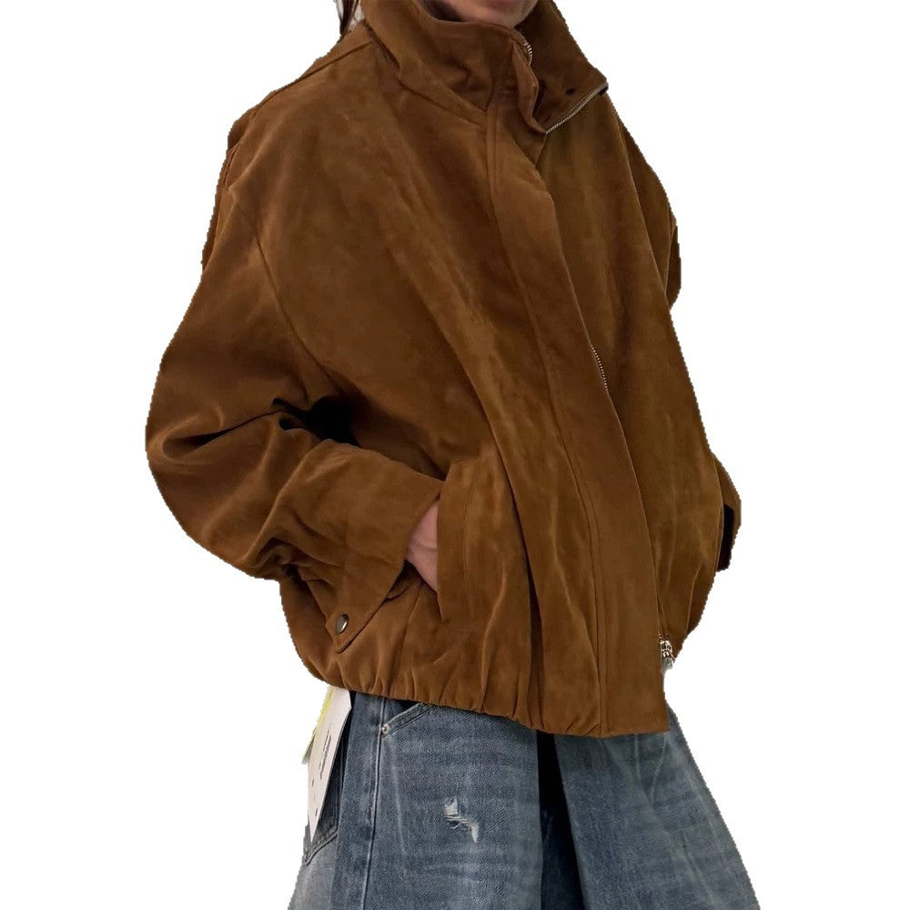 Women Oversize Velour Leather Blouson with High Stand Collar and Metal Zipper EVA-US