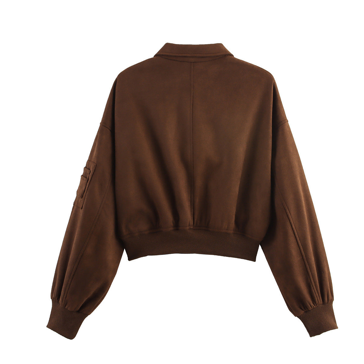 Women's cropped bomber jacket in velour look with shirt collar, sleeve pocket, and fitted ribbed waistband.