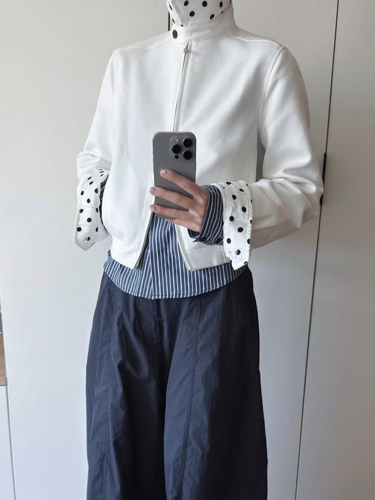 Women’s short-cut blouson jacket with stand-up collar, concealed zipper and contrasting polka dot patterned lining EVA-US