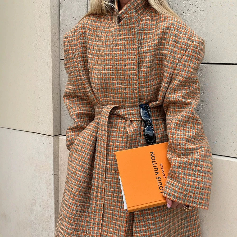Women's Oversized Wool Check Coat with Waist Belt and Emphasized Shoulder Area EVA-US