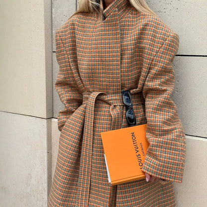 Women's Oversized Wool Check Coat with Waist Belt and Emphasized Shoulder Area EVA-US