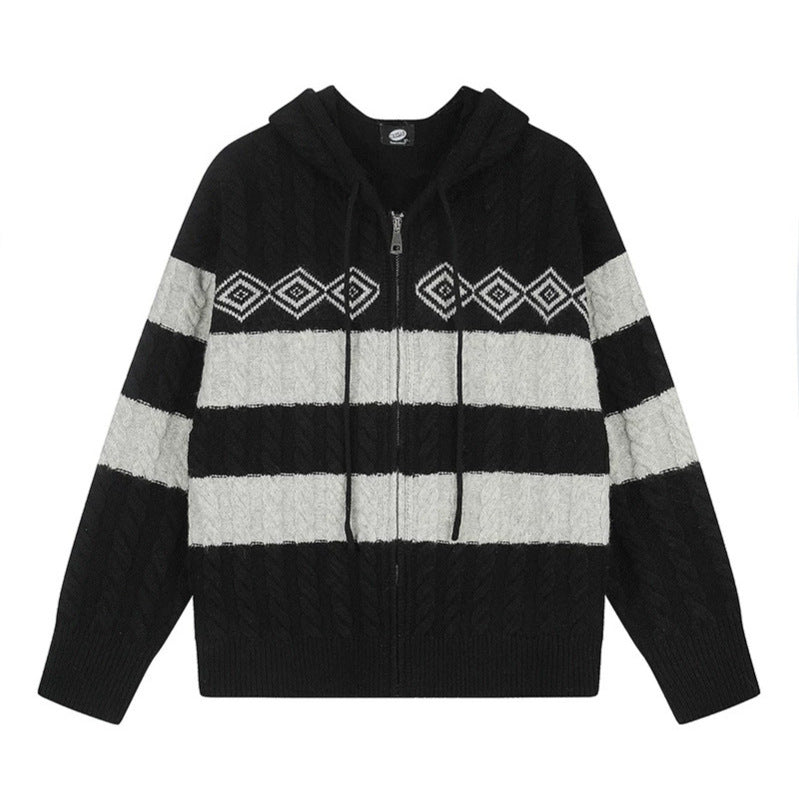 Women's chunky knit hooded cardigan with cable knit, block stripes, and full-length zipper EVA-US
