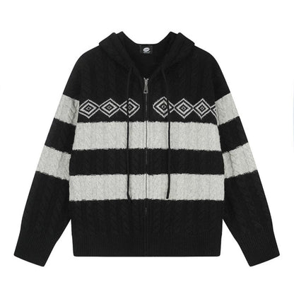 Women's chunky knit hooded cardigan with cable knit, block stripes, and full-length zipper EVA-US