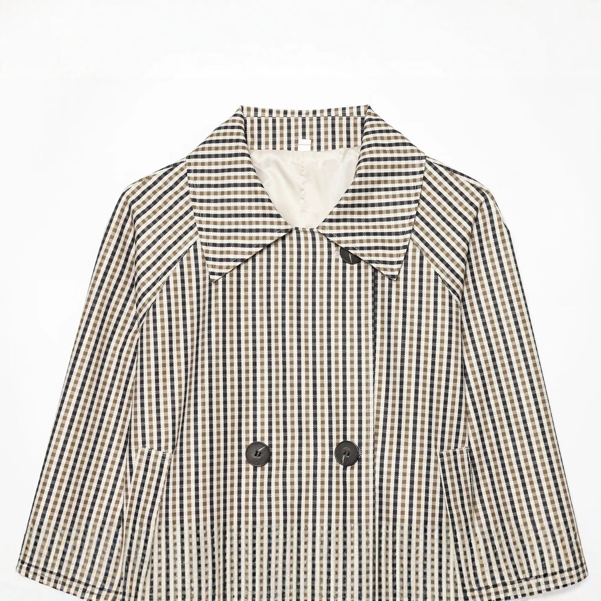 Women Short Tailored Double-Breasted Trench Coat with Check Pattern and Belt EVA-US