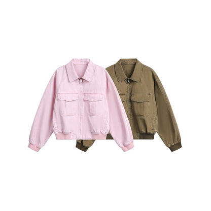 Women's cropped boxy bomber jacket made of cotton blend with flap pockets and full-length zipper EVA-US