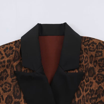 Women Double-Breasted Coat with Leopard Print and Satin Shawl Collar EVA-US