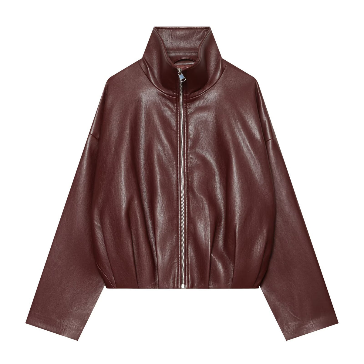 Women Cropped Faux Leather Jacket with High Collar, Oversized Sleeves and Tailored Waist EVA-US