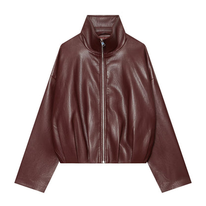 Women Cropped Faux Leather Jacket with High Collar, Oversized Sleeves and Tailored Waist EVA-US