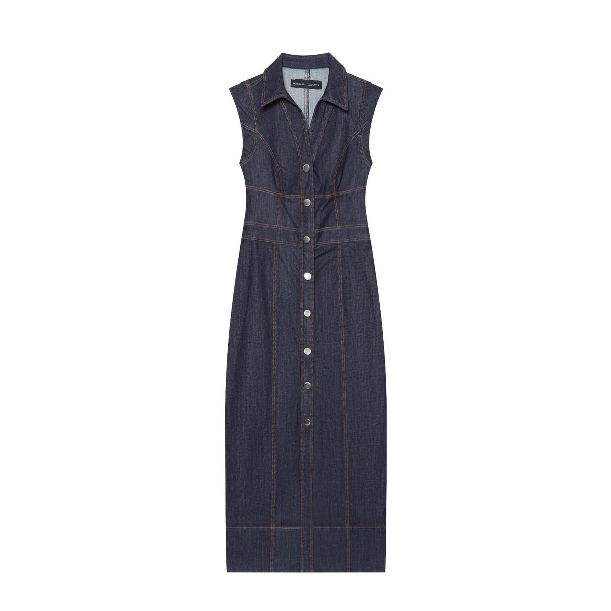 Women's Sleeveless Denim Maxi Dress with Shirt Collar, Tailored Silhouette and Continuous Snap Button Placket EVA-US