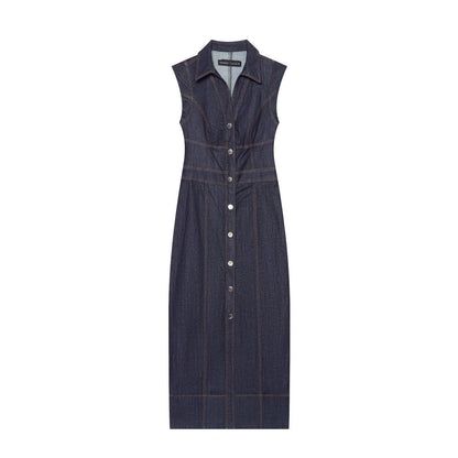Women's Sleeveless Denim Maxi Dress with Shirt Collar, Tailored Silhouette and Continuous Snap Button Placket EVA-US