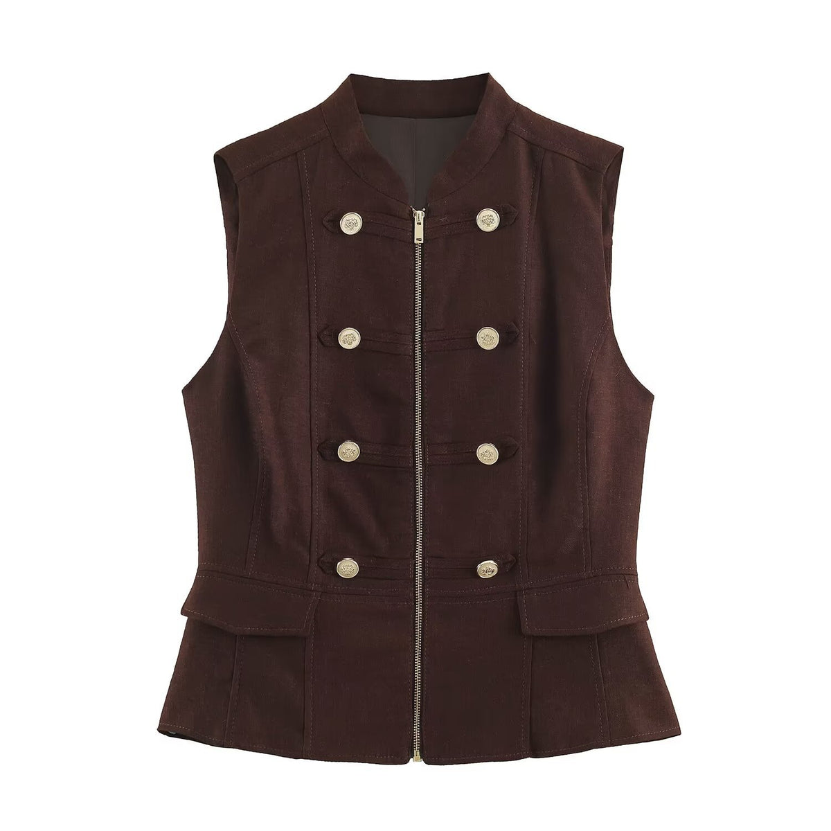 Women's Military-Inspired Tailored Vest with Stand-Up Collar and Decorative Button Placket EVA-US