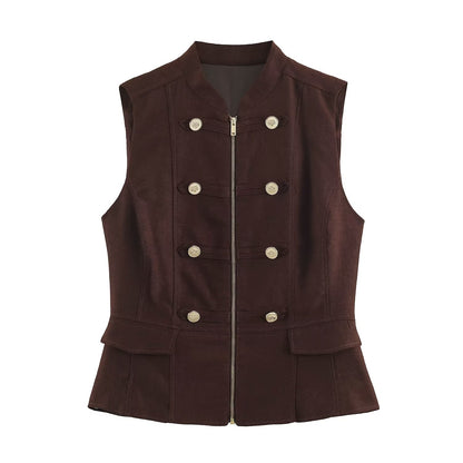 Women's Military-Inspired Tailored Vest with Stand-Up Collar and Decorative Button Placket EVA-US