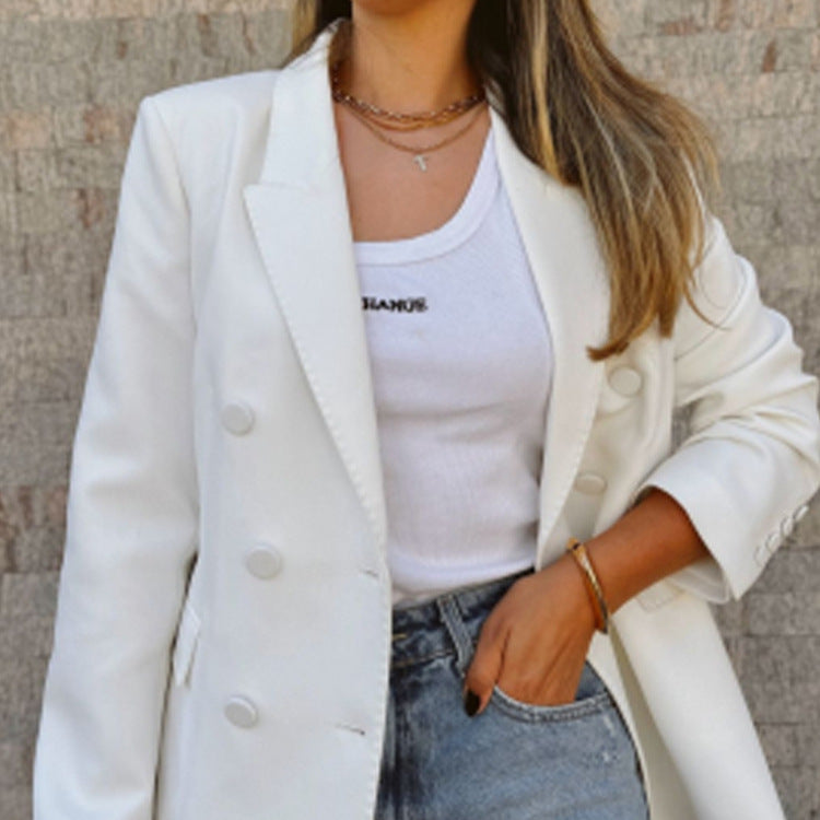 Women Fitted Double-Breasted Long Blazer with Light Shoulder Pads and Clean Lapels EVA-US