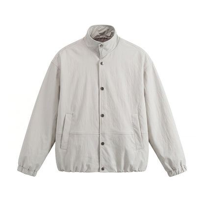 Men's short-cut minimalist boxy blouson with stand collar and press stud placket EVA-US
